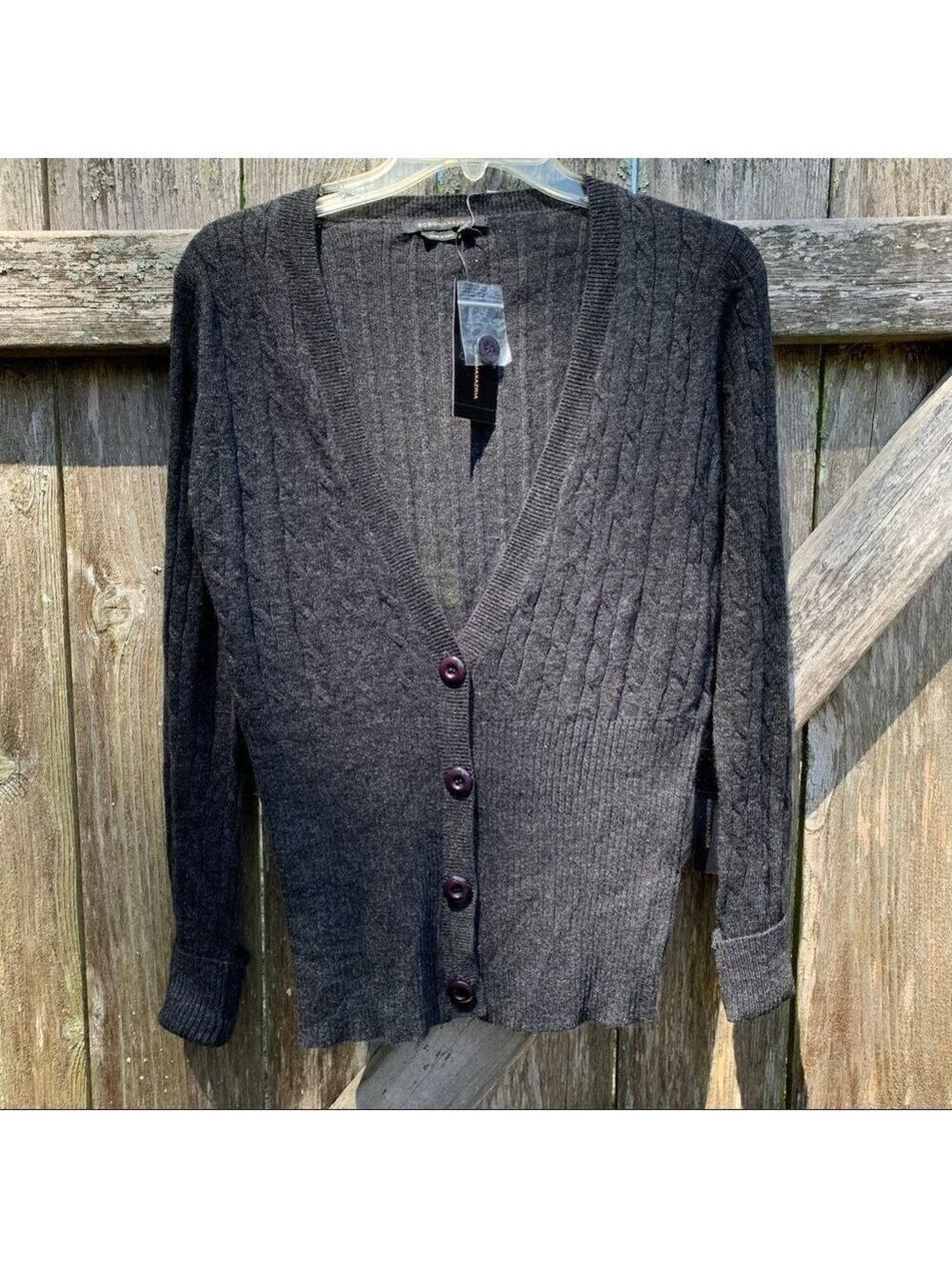BCBG MAXAZRIA Charcoal cable rib knit button front long sleeve fitted cardigan